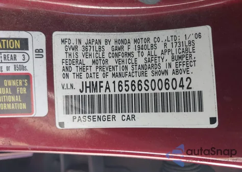 2006 Honda Civic Lx from USA, damaged, VIN JHMFA16566S006042